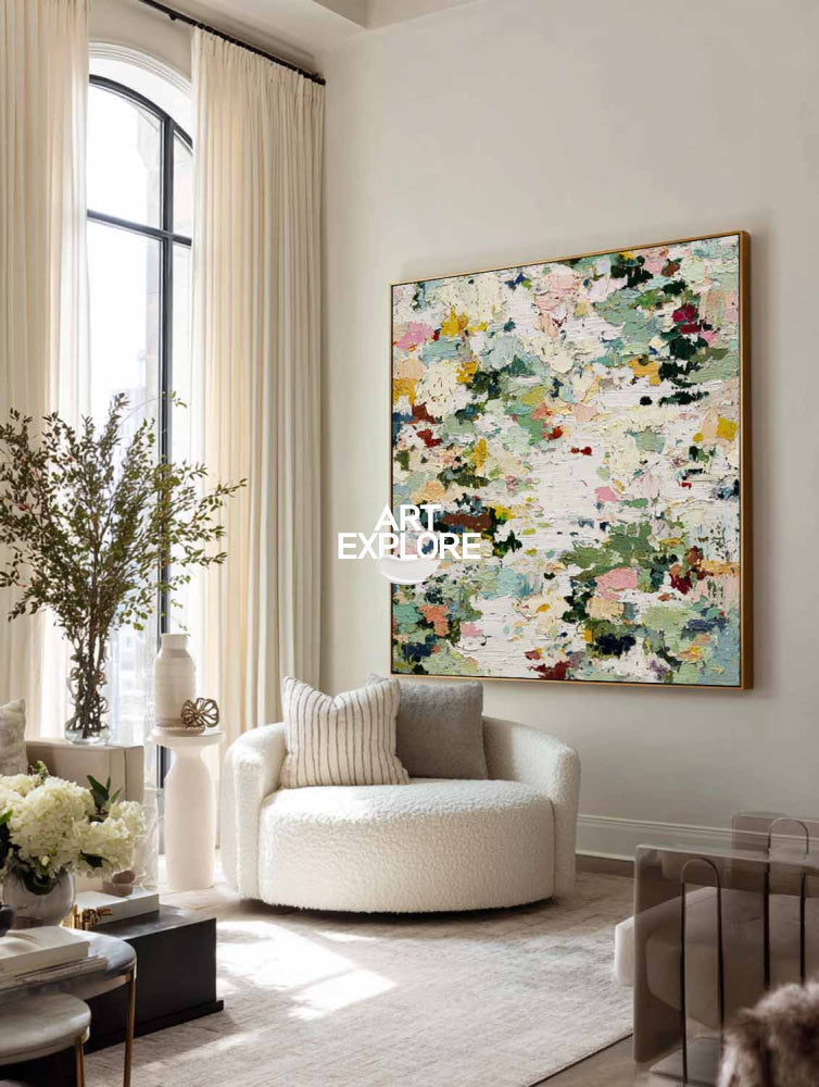Large Abstract Green Painting With Textured Impasto For Modern Home Decor
