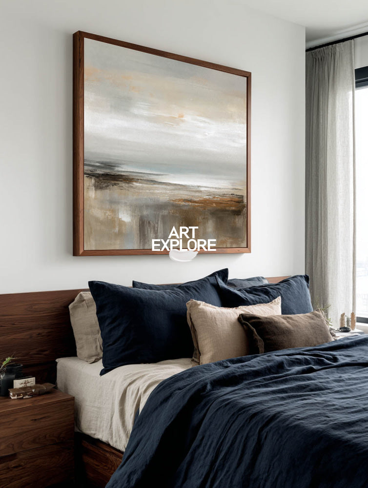 Abstract Textured Square Painting With Neutral Horizon For Modern Living Room Decor