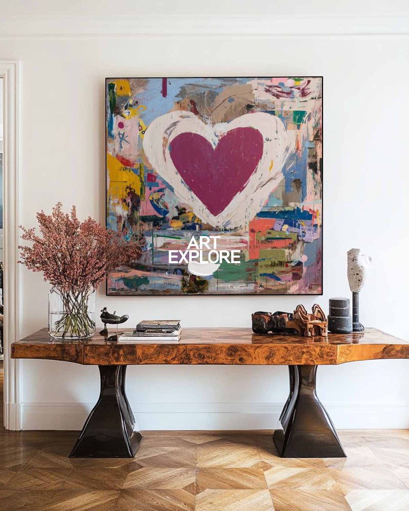 Textured Abstract Square Painting With Bold Heart Motif Contemporary Home Art