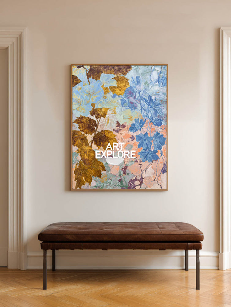 Original Blue And Gold Botanical Abstract Art Painting For Modern Home Decor