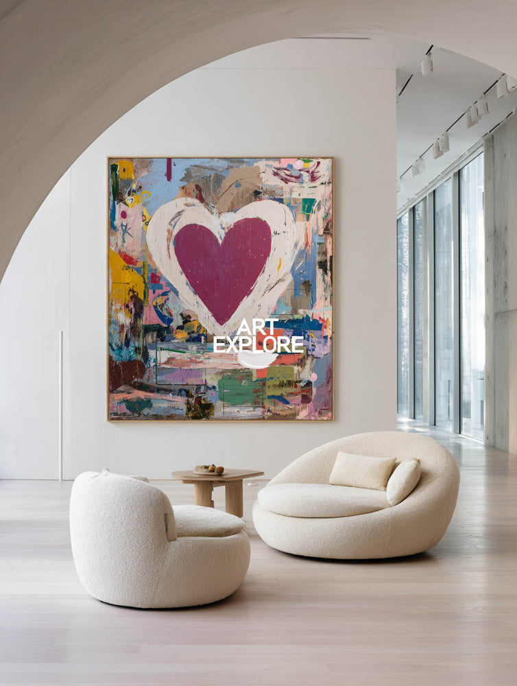 Original Abstract Heart Painting With Colorful Texture For Modern Living Room And Bedroom Decor