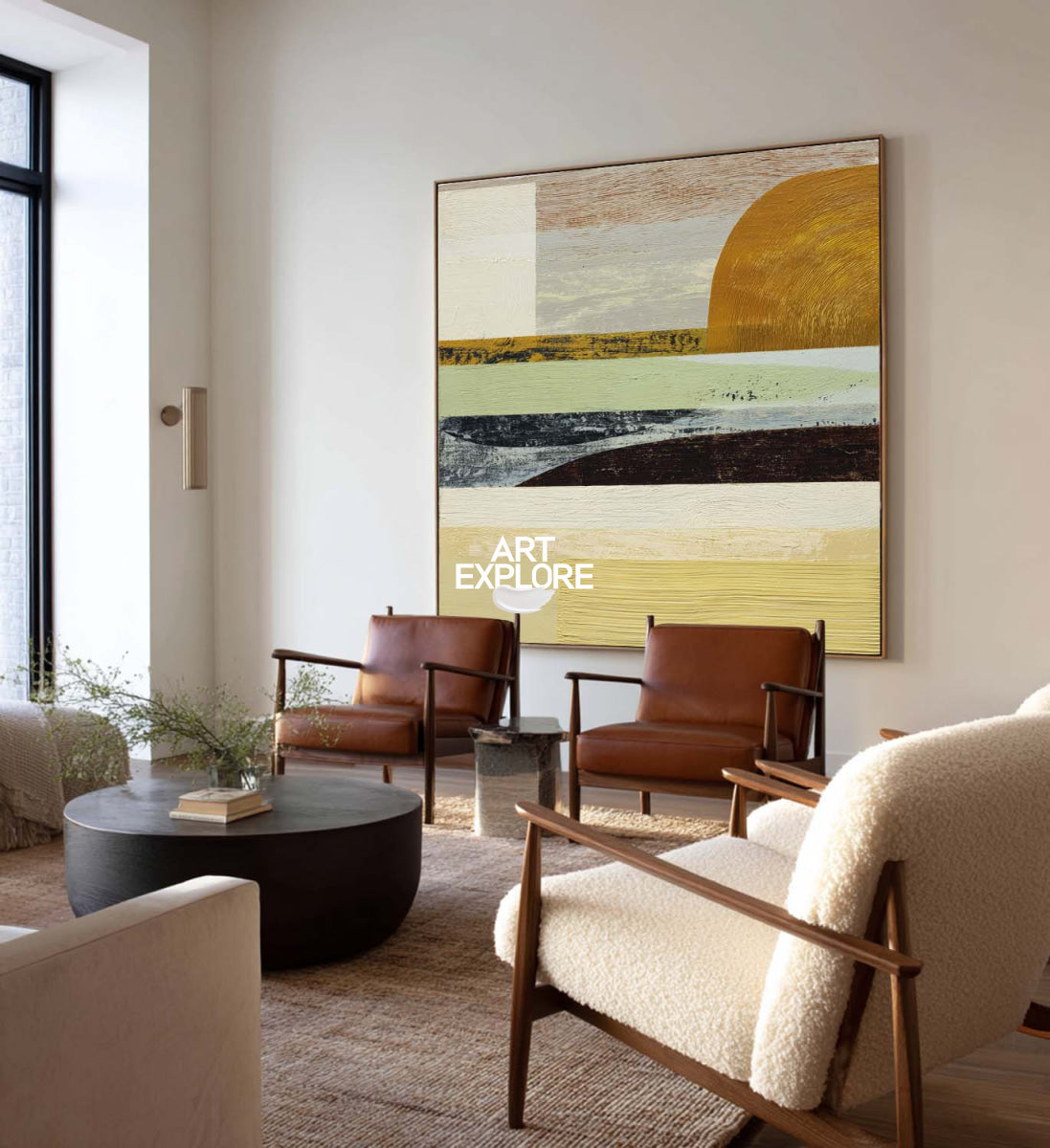 Minimalist Square Wall Art In Earth Tones For Elegant Living Room Design