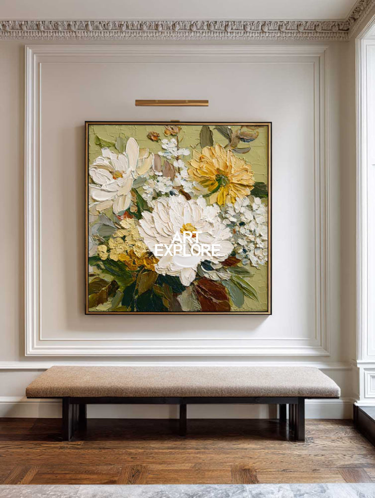 Large Textured Floral Oil Painting White And Green Abstract Art For Living Room