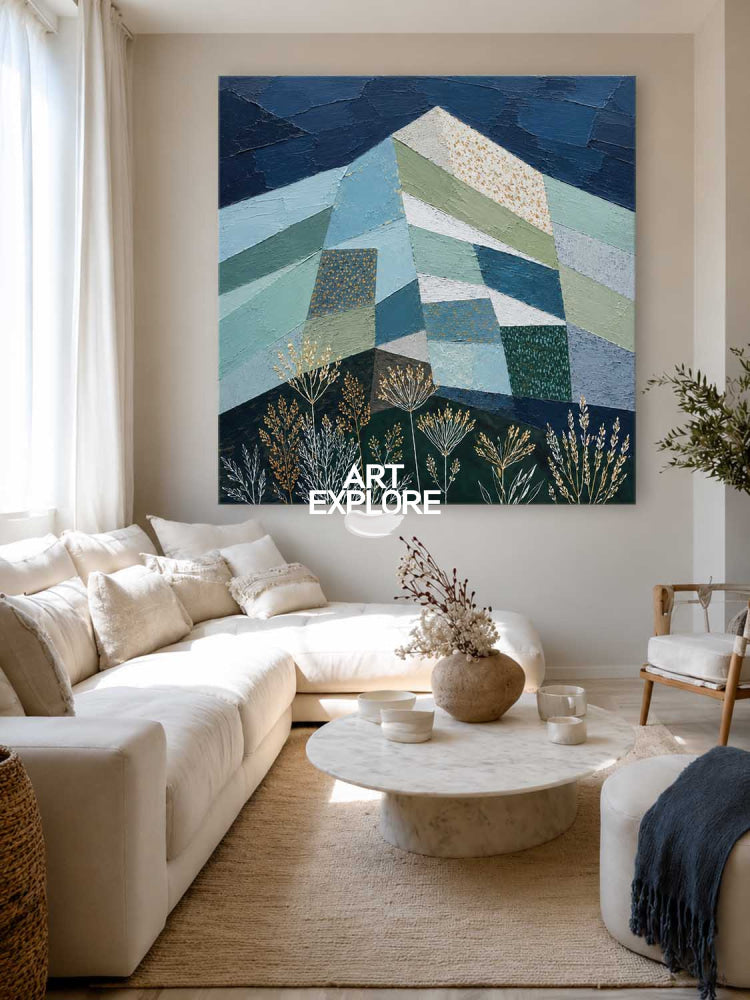 Geometric Mountain Art Painting Blue Green Gold Abstract Square Canvas For Modern Living Room Office Decor