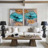 Diptych Turquoise Flowers Art Painting, Set Of 2 Silver Color Rich Texture Art Large Abstract Wall Art