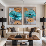 Diptych Turquoise Flowers Art Painting, Set Of 2 Silver Color Rich Texture Art Large Abstract Wall Art