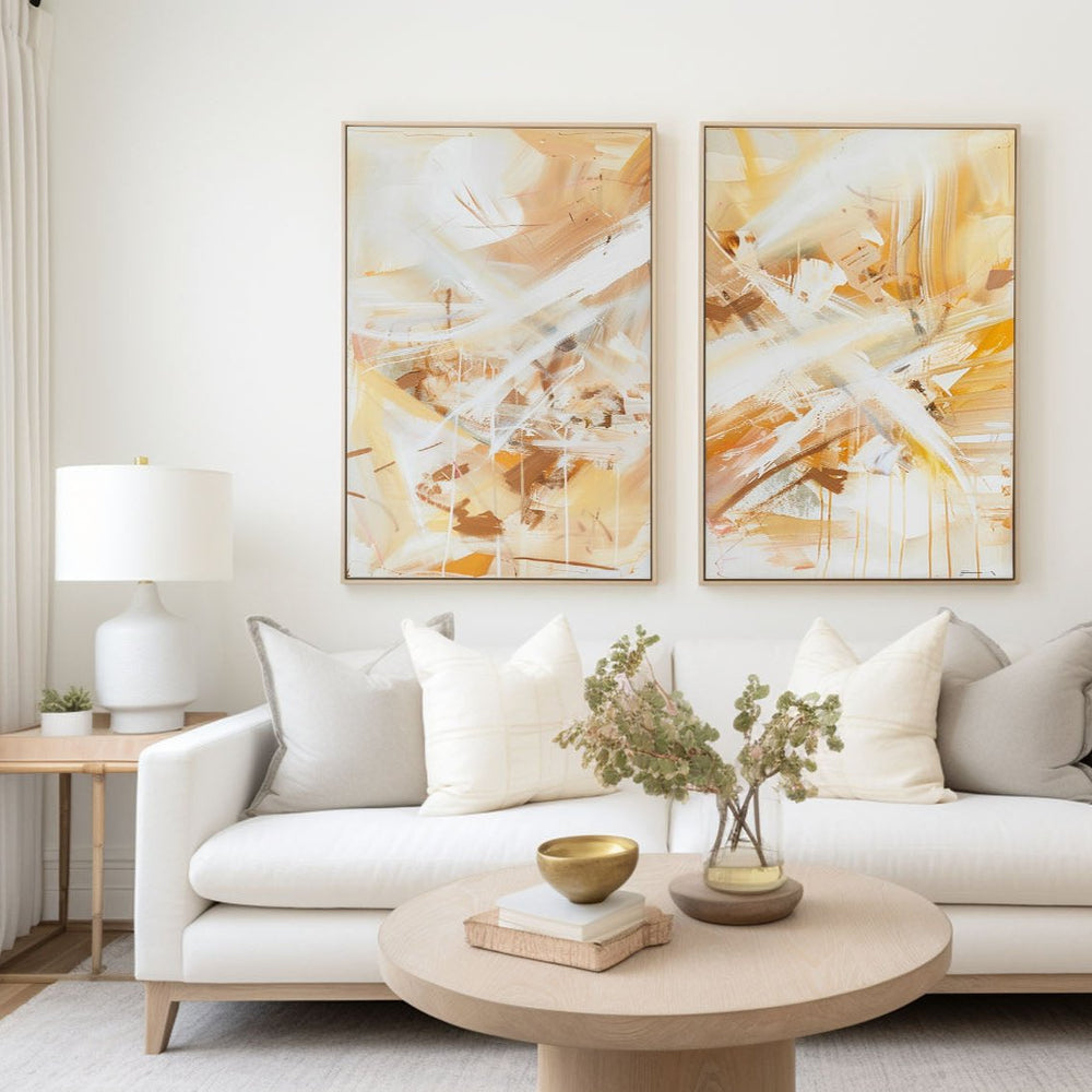 Yellow And White Set Of 2 Canvas Art Large Abstract Minimalist Line Art Modern Diptych Wall Art