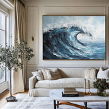 Modern Navy Blue Ocean Wave Painting Large Strokes Texture Wall Art Blue Ocean Painting For Sale