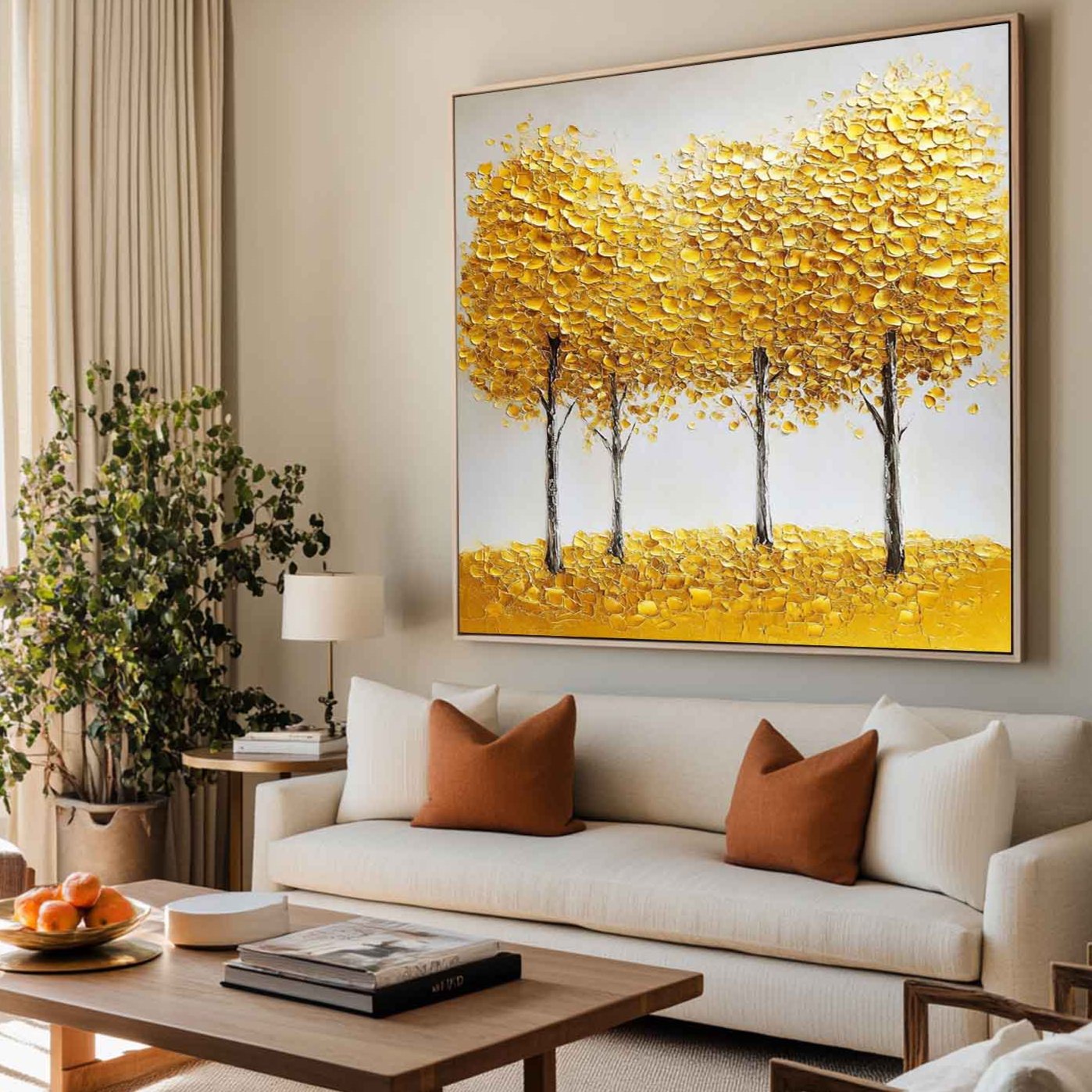 Large Gold Trees Art Painting Plaster Canvas Art Modern Square Textured Art Handmade Artworks For Sale
