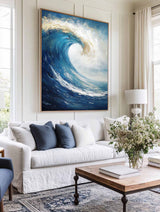 Large Vertical Blue Ocean Wave Paintings Blue Sea Wall Art Handmade Blue Textured Wall Art