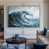 Modern Navy Blue Ocean Wave Painting Large Strokes Texture Wall Art Blue Ocean Painting For Sale