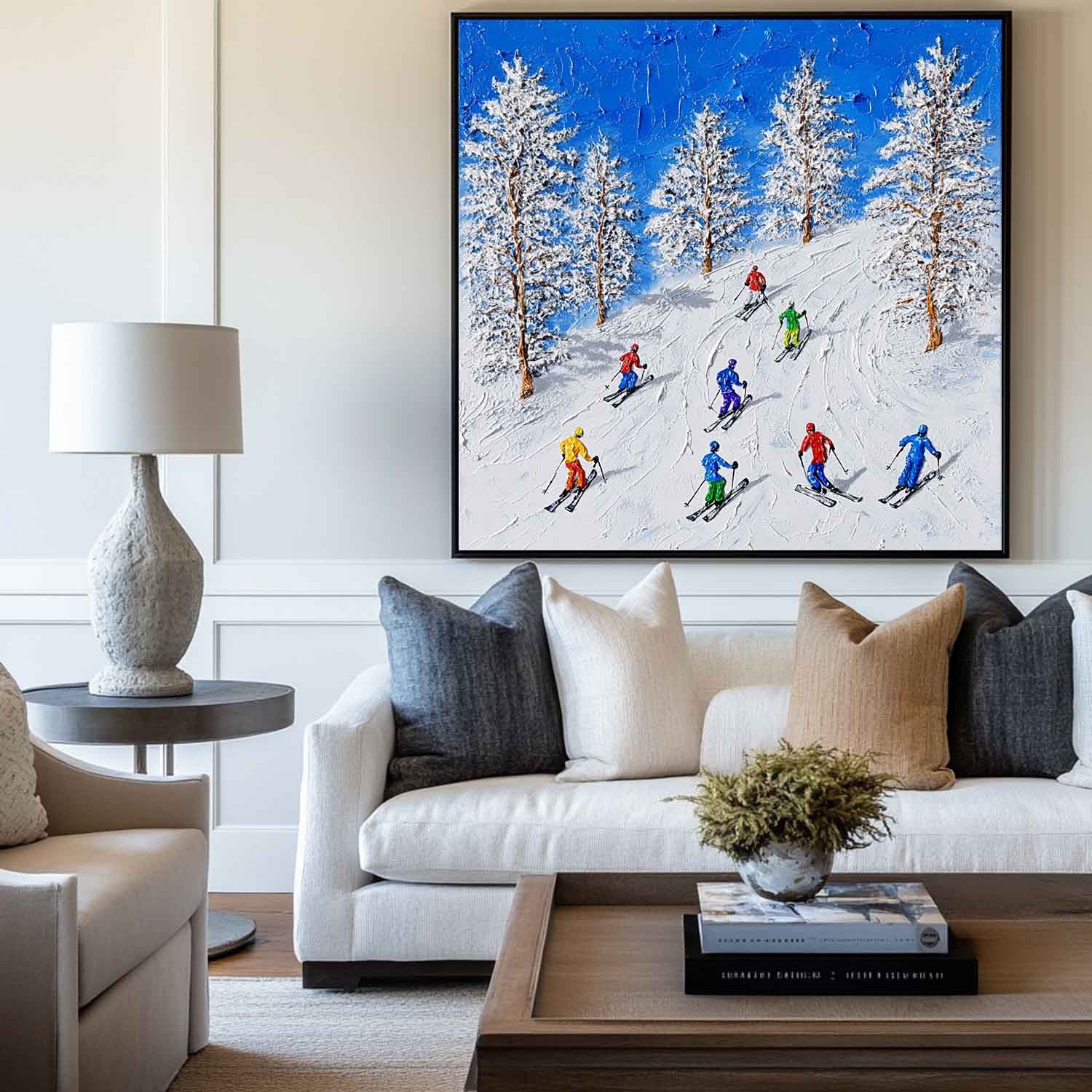 Skiing Canvas Painting Winter Wall Art Modern Snow Wall Art Framed White Painting For Livingroom
