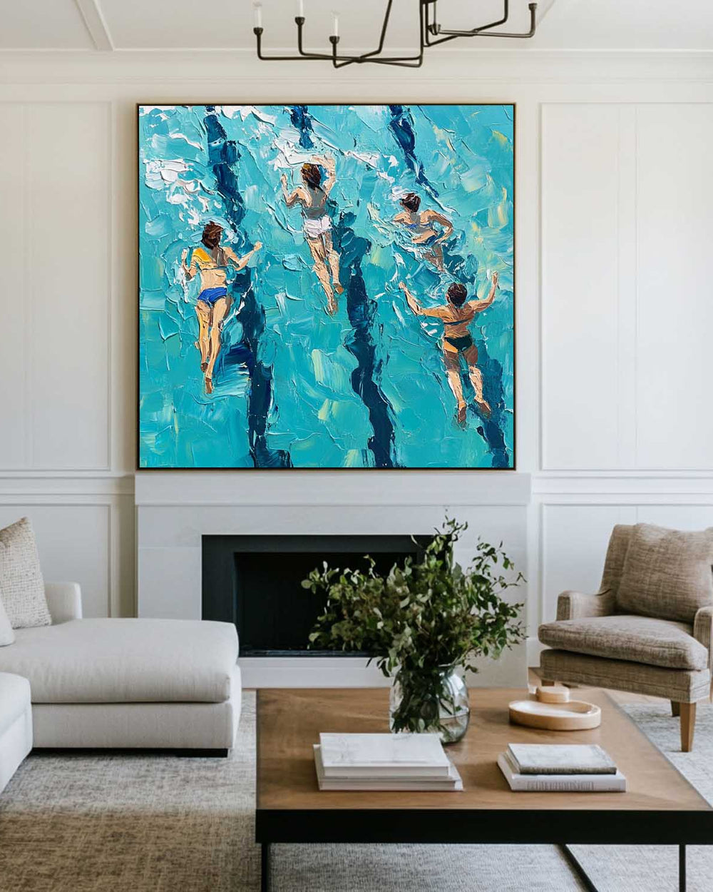 Blue Swimming Painting Swimming Girl Textured Wall Art Modern Sport Textured Painting For Hallway