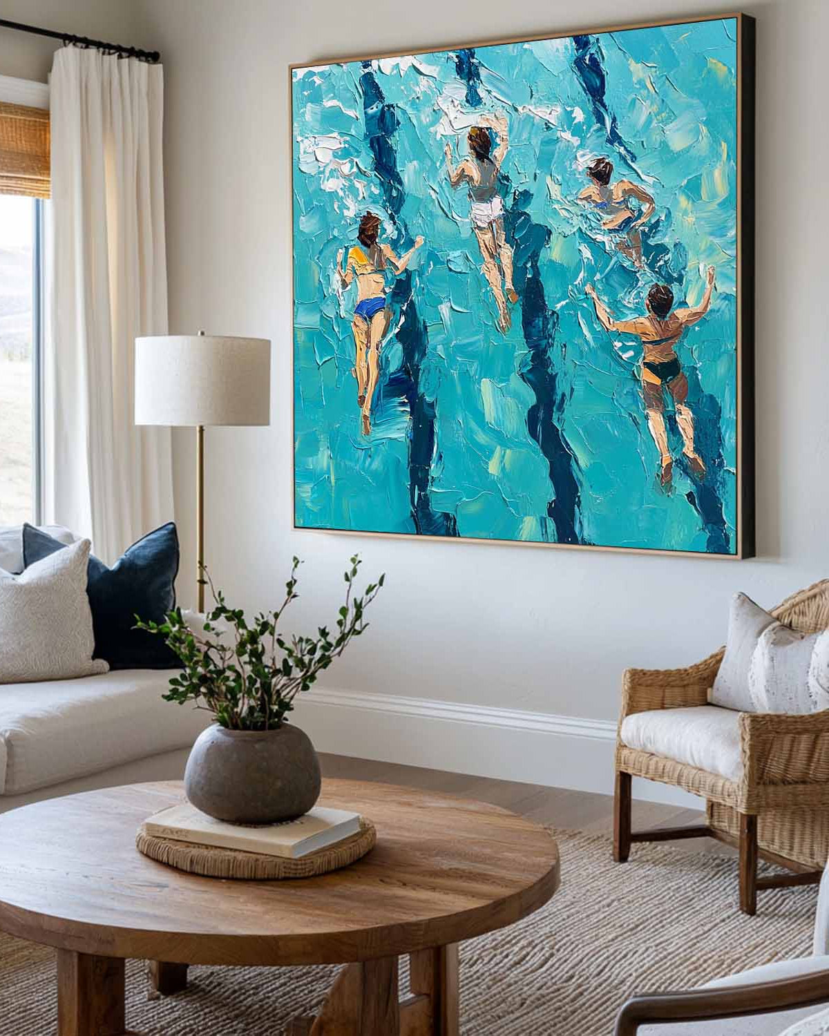 Blue Swimming Painting Swimming Girl Textured Wall Art Modern Sport Textured Painting For Hallway