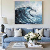 Modern Navy Blue Ocean Wave Painting Large Strokes Texture Wall Art Blue Ocean Painting For Sale