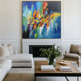 Blue Art Painting Colorful Rich Texture Canvas Art Modern Bauhaus Art Large Abstract For Sale