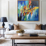 Blue Art Painting Colorful Rich Texture Canvas Art Modern Bauhaus Art Large Abstract For Sale