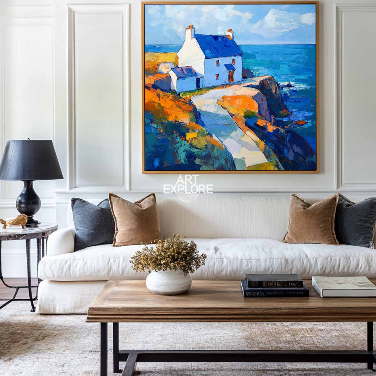 Blue Textured Landscape Wall Art Modern Countryside View Painting Large Landscape Painting