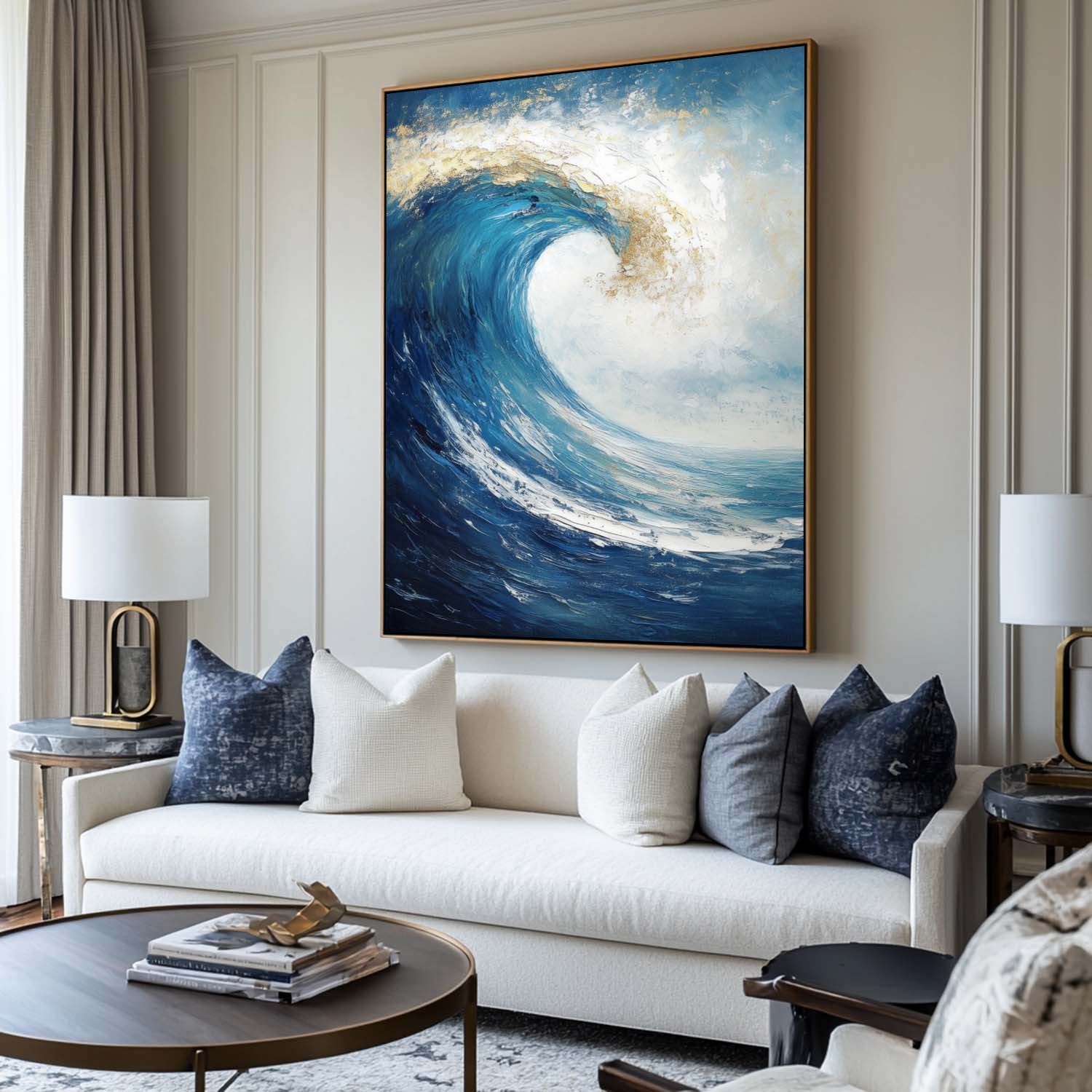 Large Vertical Blue Ocean Wave Paintings Blue Sea Wall Art Handmade Blue Textured Wall Art