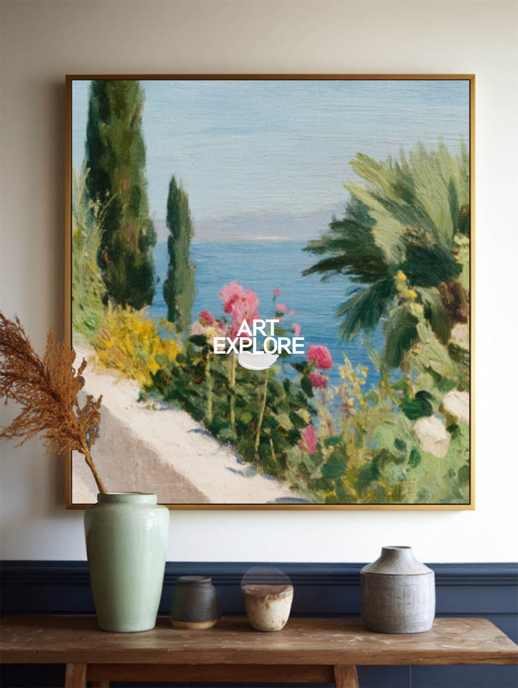 Modern Mediterranean Floral Seascape Painting With Pink Roses And Blue Ocean View For Living Room Decor