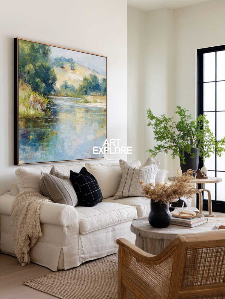 Serene Country River Art Print In Square Format With Soft Blue And Green Tones For Bedroom Wall