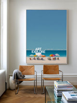 Modern Blue Beach Painting With Colorful Umbrellas For Coastal Living Room Decor