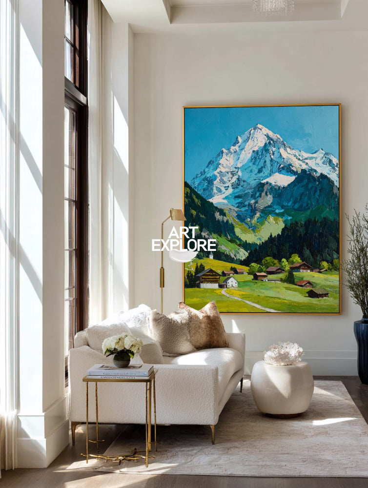 Original Textured Alpine Village Painting With Snow Mountain For Modern Living Room Decor