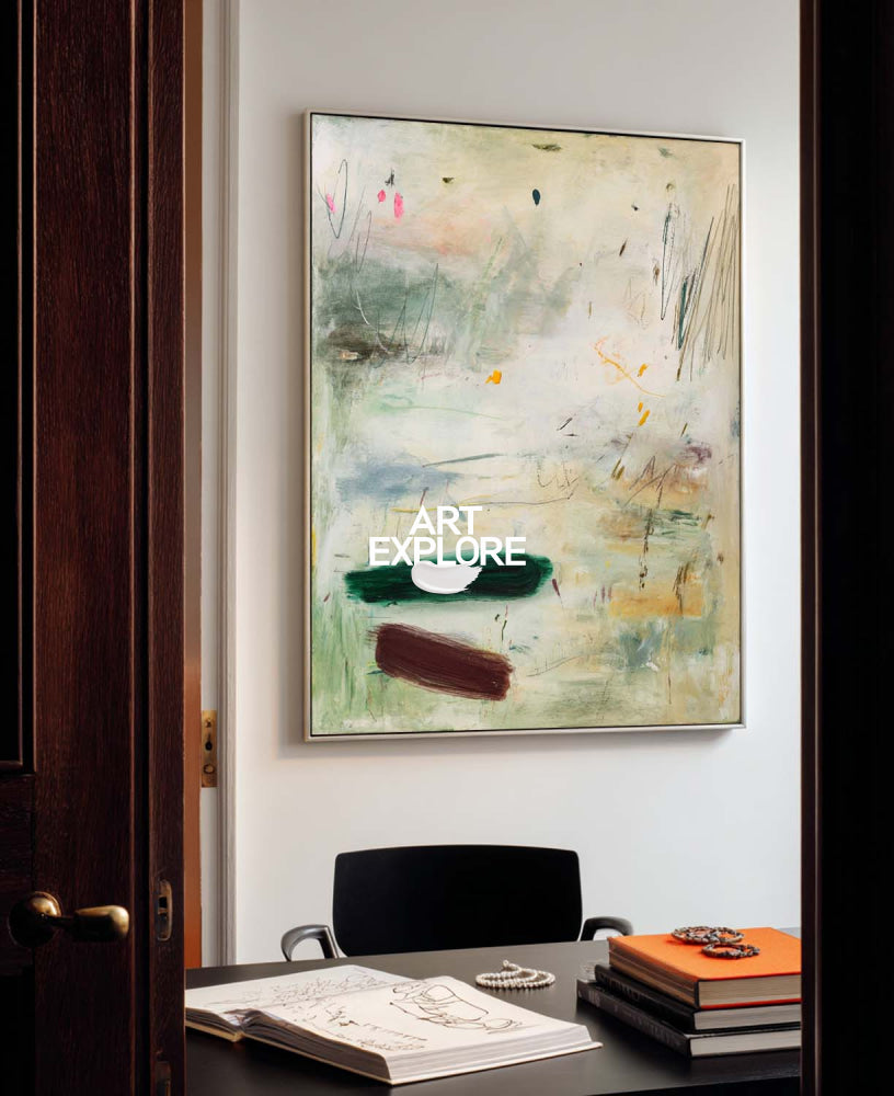 Modern Minimalist Green Abstract Painting Original Oil On Linen Canvas For Living Room Decor