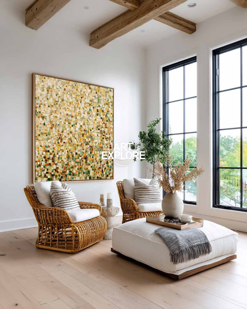 Abstract Mosaic Oil Painting With Vibrant Green And Gold Tones For Modern Living Room Decor