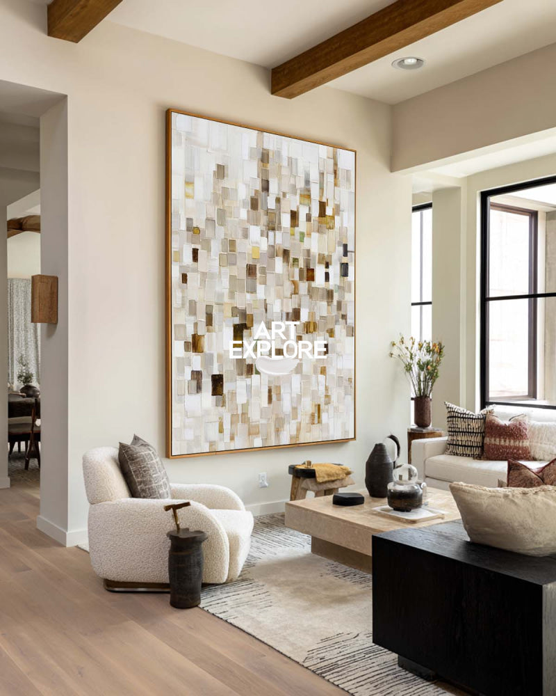 Modern Abstract Beige Painting With Mosaic Texture For Living Room Decor