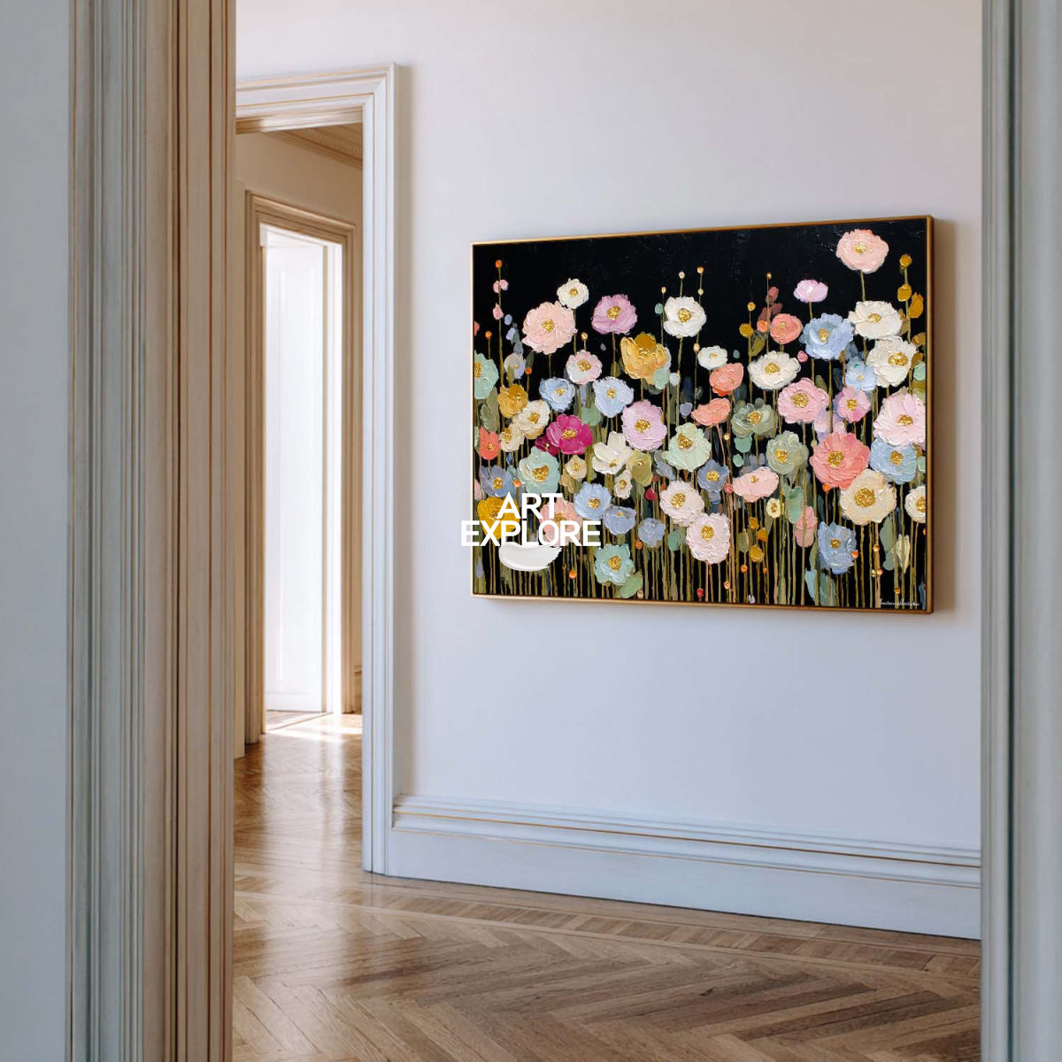 Modern Abstract Floral Painting With Gold Accents On Black Canvas For Living Room Decor