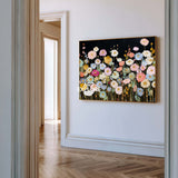 Modern Abstract Floral Painting With Gold Accents On Black Canvas For Living Room Decor