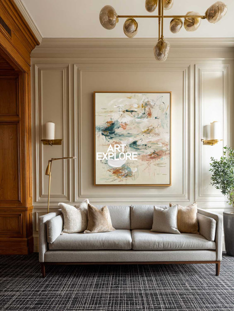 Large Abstract Expressionist Painting In Beige And Green For Modern Home Decor