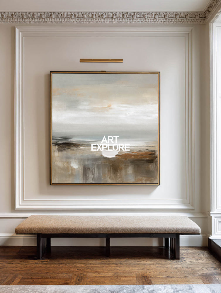 Abstract Textured Square Painting With Neutral Horizon For Modern Living Room Decor