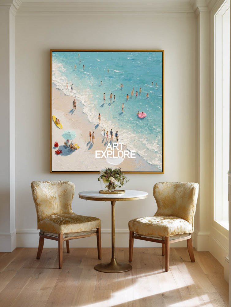 Modern Abstract Beach Painting With Textured Waves For Coastal Living Room Decor