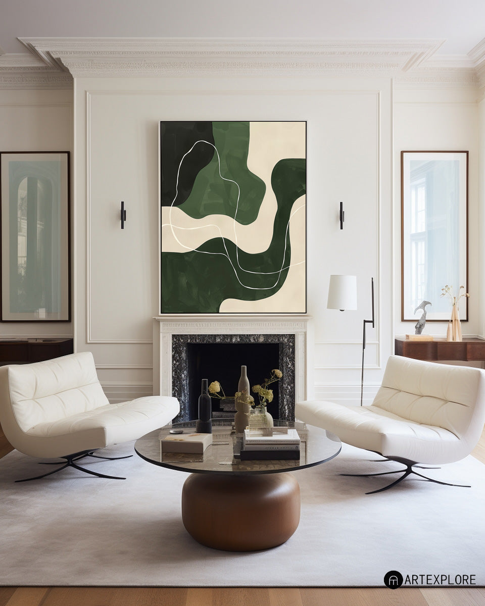 Abstract Green White Geometric Canvas Green Painting Large Modern Minimalist Artwork For Living Room
