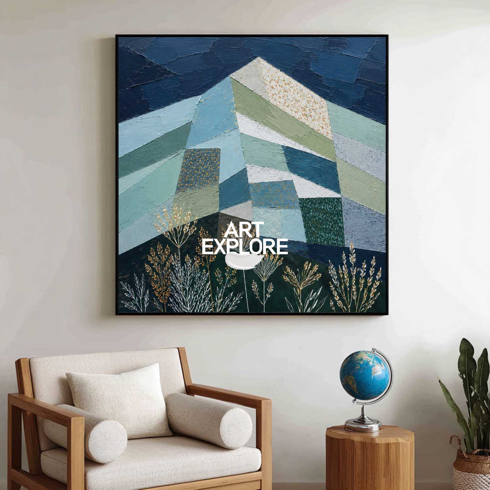 Geometric Mountain Art Painting Blue Green Gold Abstract Square Canvas For Modern Living Room Office Decor