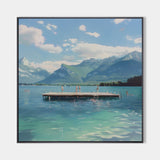 Modern Blue Lake Painting Canvas Art of Swimmers in the Blue Lake Original Hand Painted Acrylic Painting Art