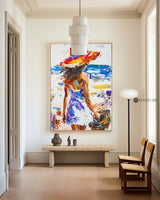 Original Abstract Woman In White Dress Oil Painting,Minimalist Colourful Apartment Decor,Beautiful Girl With A Hat