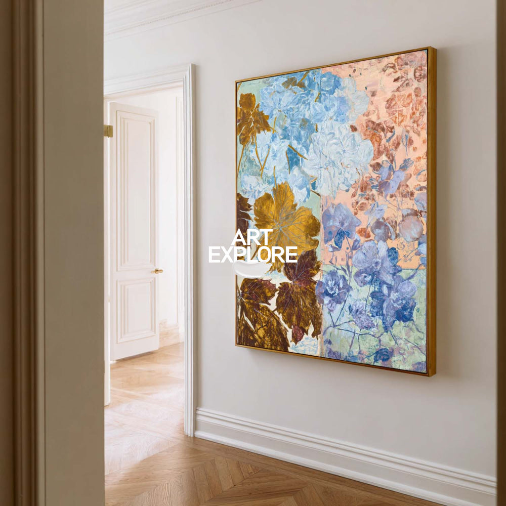 Modern Abstract Floral Painting With Gold Leaves For Living Room Decor