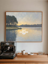 Serene Sunset Lake Painting With Forest Reflections For Modern Living Room Decor