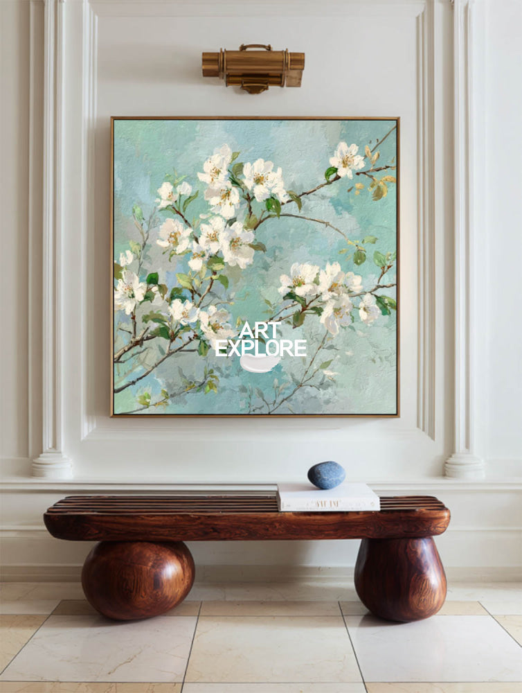 Modern White Blossom Art With Textured Green Leaves For Living Room