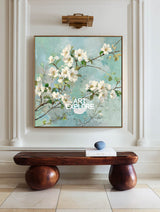 Modern White Blossom Art With Textured Green Leaves For Living Room