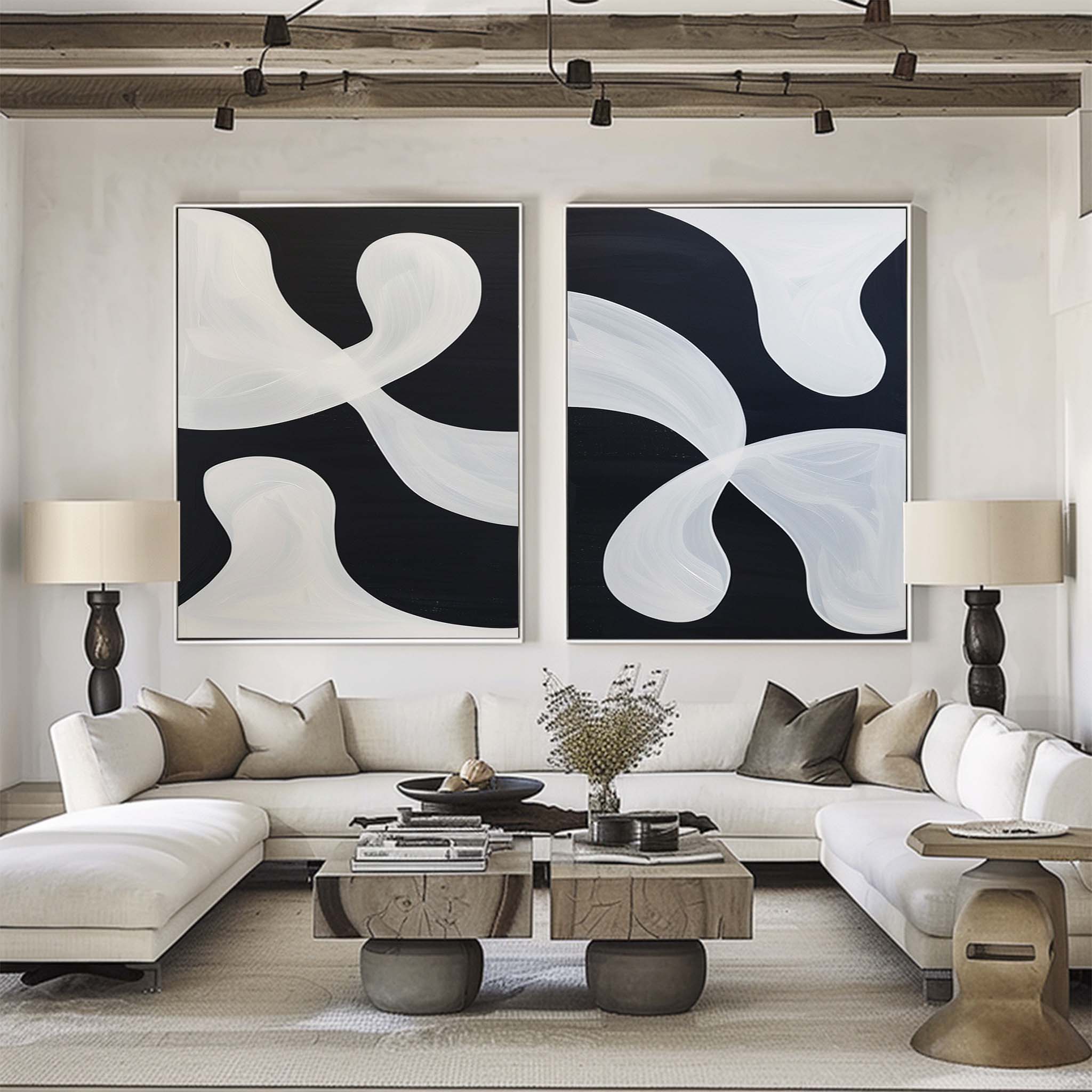 Large Black And White Modern Art Geometric Painting Black And White 2 Piece Wall Art Minimalist Apartment Decor