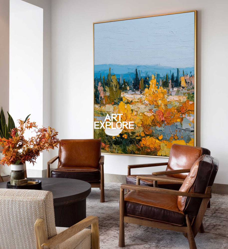 Golden Autumn Forest Landscape Oil Painting With Rich Texture For Living Room Decor