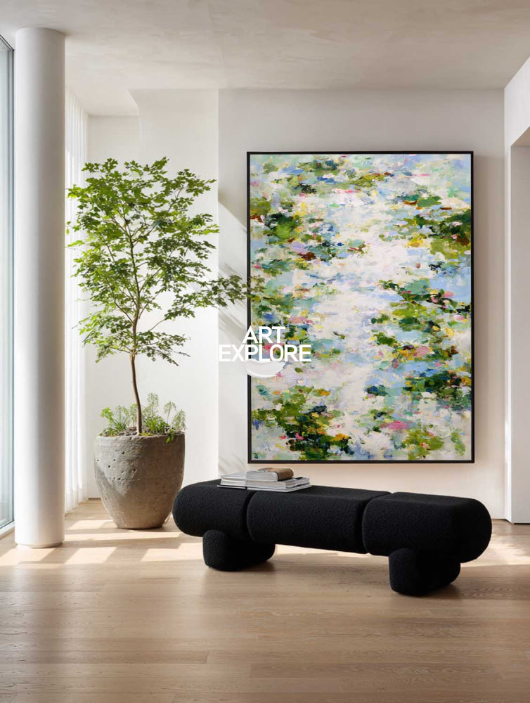 Original Botanical Abstract Art Green And White Floral Canvas For Bedroom