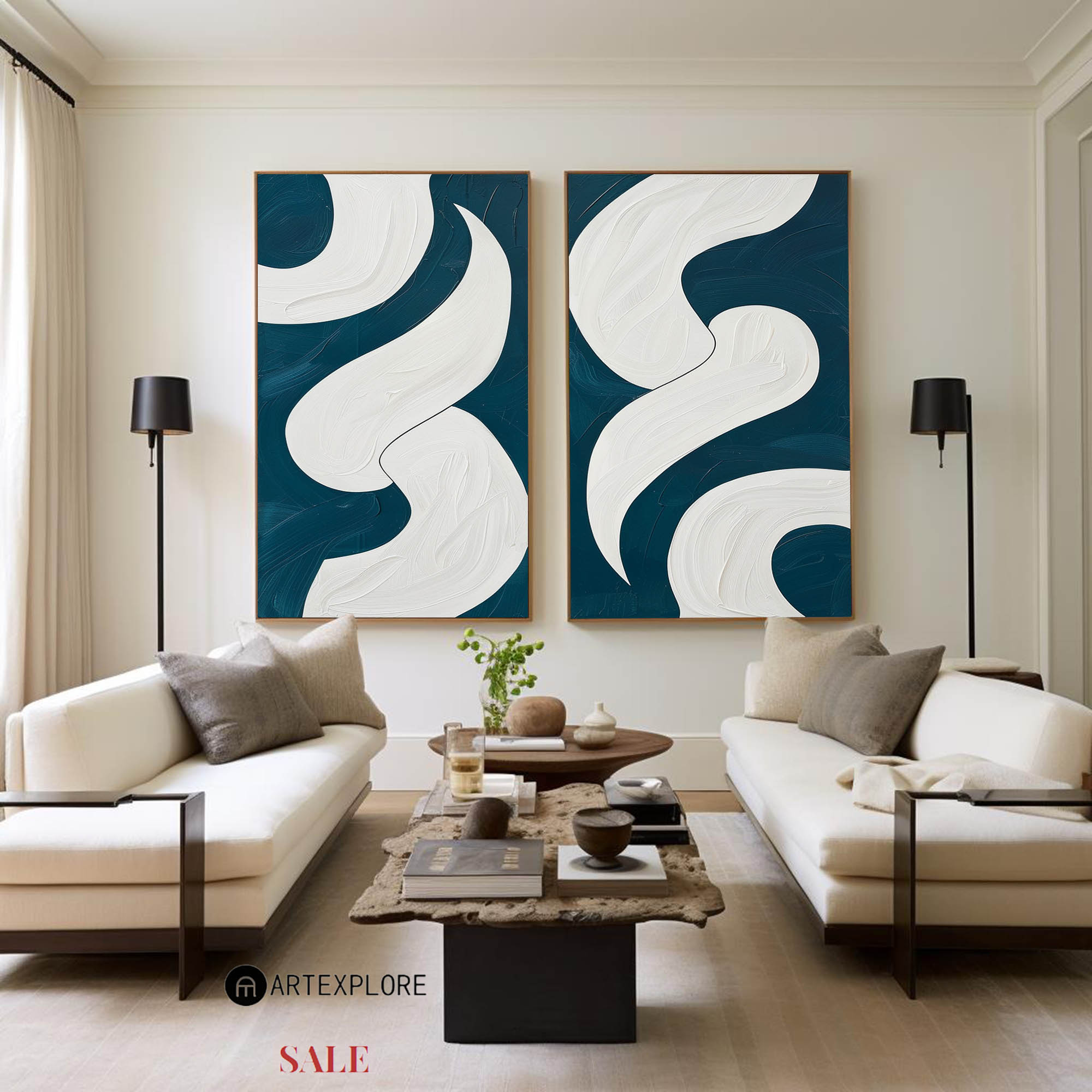 Abstract Turquoise And White Framed Wall Art Set Of 2 Geomet Shapes Painting Modern Oil Art Custom Canvas Paintings