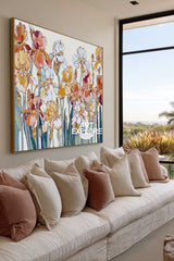 Modern Abstract Floral Art Painting With Teal Stems For Living Room Decor