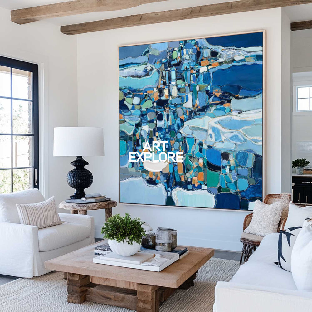 Abstract Blue Seascape Oil Painting Modern Square Canvas Art For Home Decor