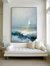 Textured Seascape Oil Painting With Sailboat For Modern Coastal Living Room Decor